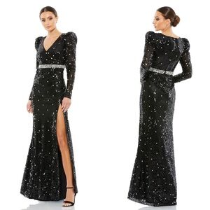 NEW Mac Duggal V Neck Sequin & Rhinestone Embellished High Slit Maxi Gown Black